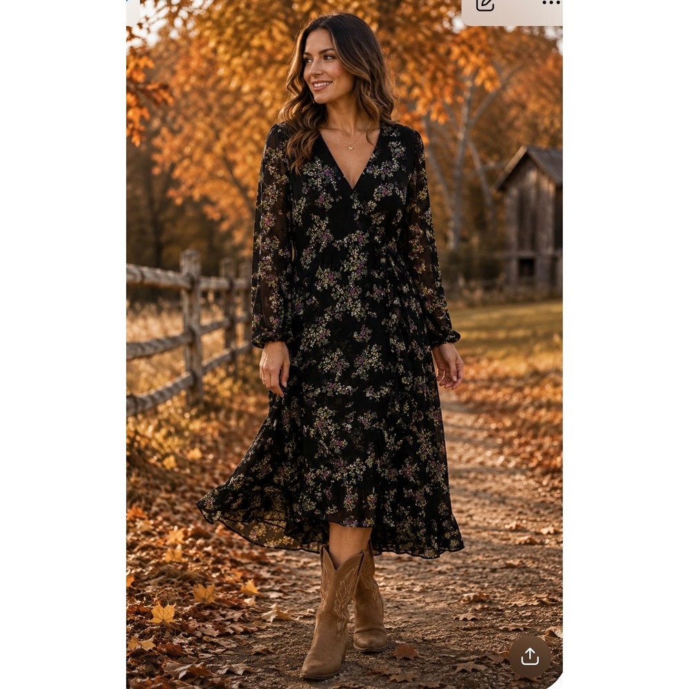 Q+A Los Angeles Floral V-Neck Midi Dress Black Purple XL Long Sleeve Ruffle Hem